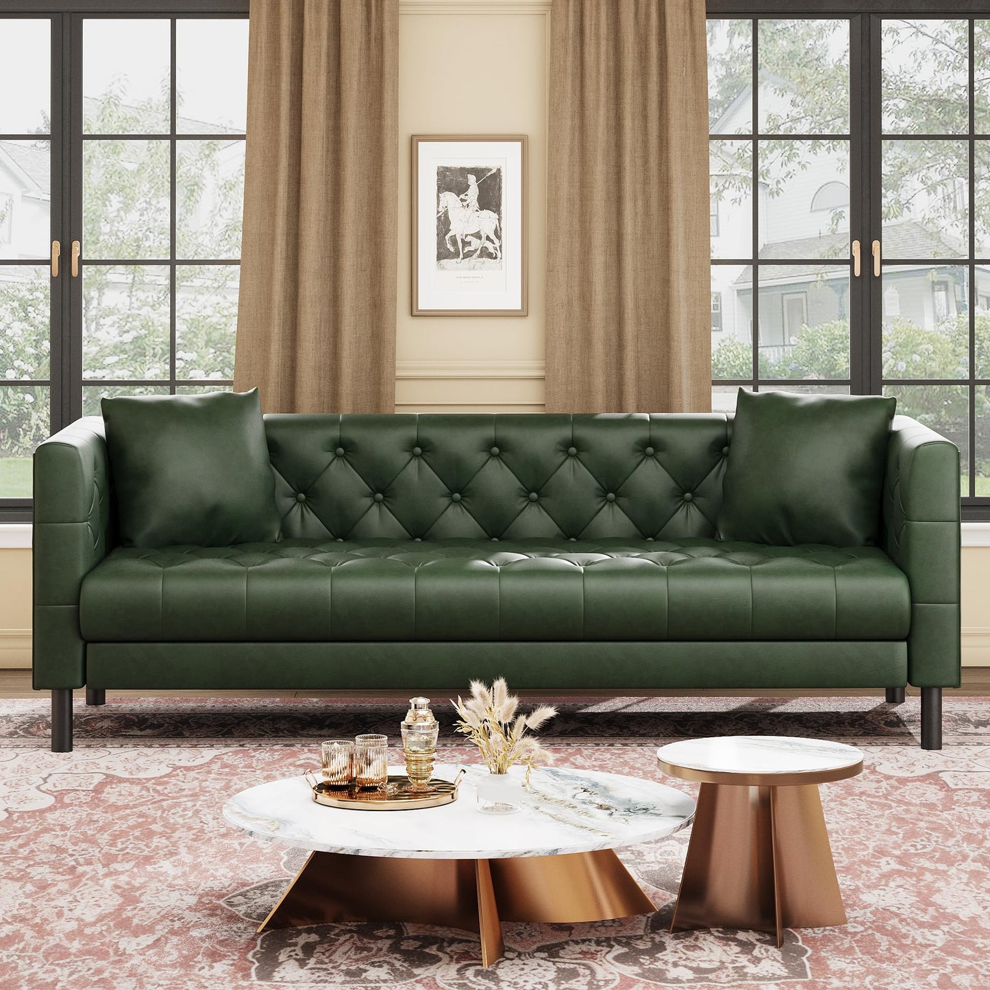 IDEALHOUSE Mid Century Modern Leather Sofa 81 inch, 3 Seater Chesterfield Couch with Deep Seats, Button Tufted Back, Faux Leather Living Room Sofa with 2 Pillows for Apartment Office, Green