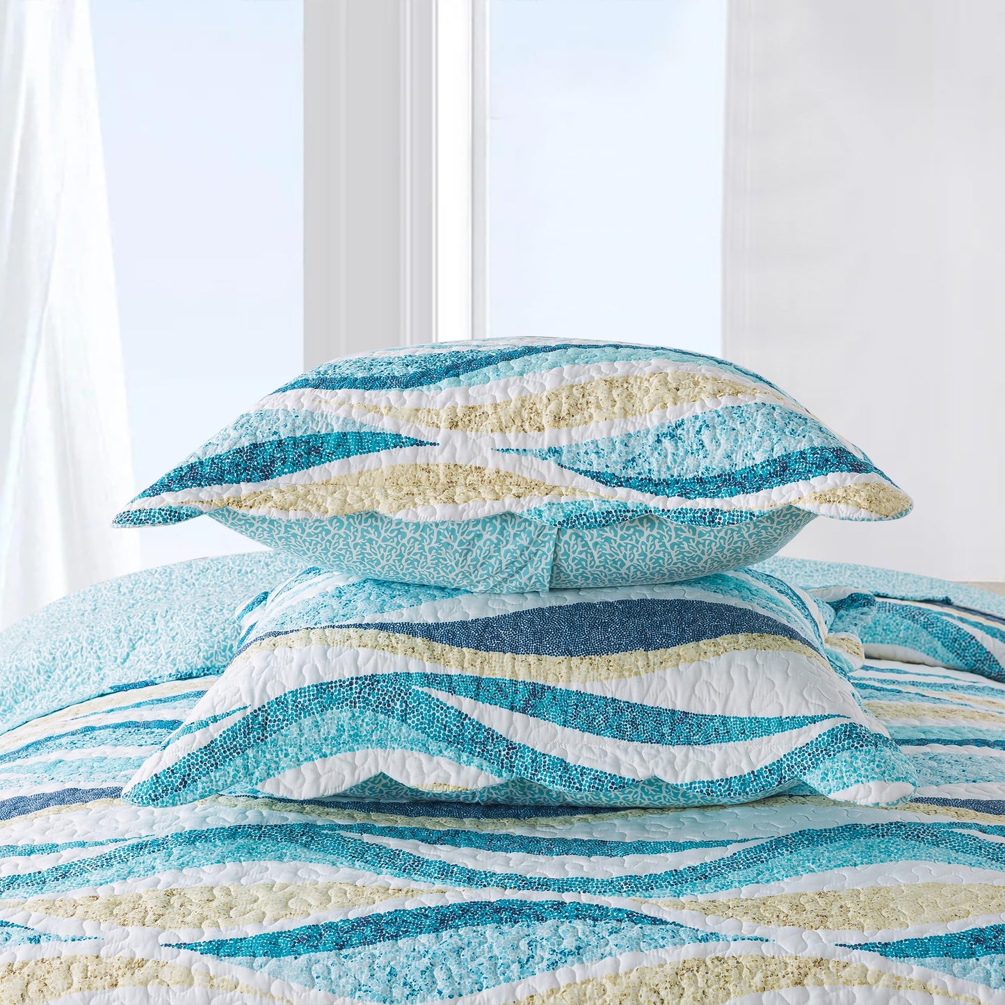 NEWLAKE Quilt Bedspread Sets - West Coastal Pattern Reversible Coverlet Set, Queen Size