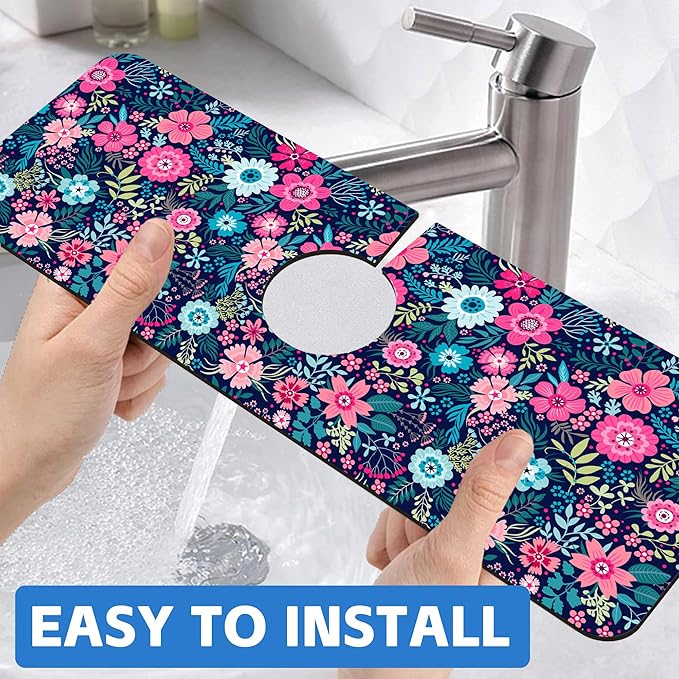 Modern Blue and Pink Floral Sink Faucet Absorbing Mat Sink Splash Guard Faucet