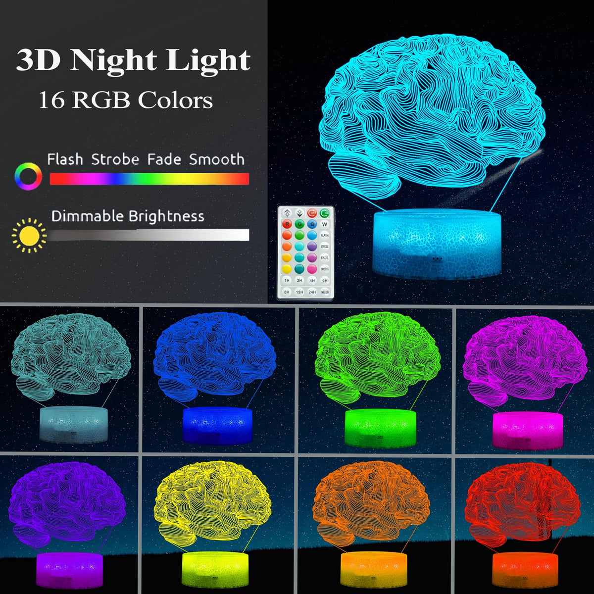 POSSHE Neurology Gifts, 3D Brain Illusion Lamp, Night Light with16 Colors Changing, Remote Control, Timer, Dimmable, Kids Room Decoration, Xmas Brain Model Gifts