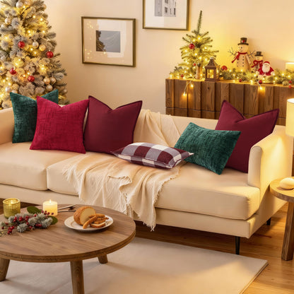 decorUhome Christmas Red Chenille Throw Pillow Covers 18x18 Set of 2 Thick Textured Slubby Couch Pillow Covers Farmhouse Accent Modern Neutral Decorative Pillow Cases for Bed Sofa Living Room