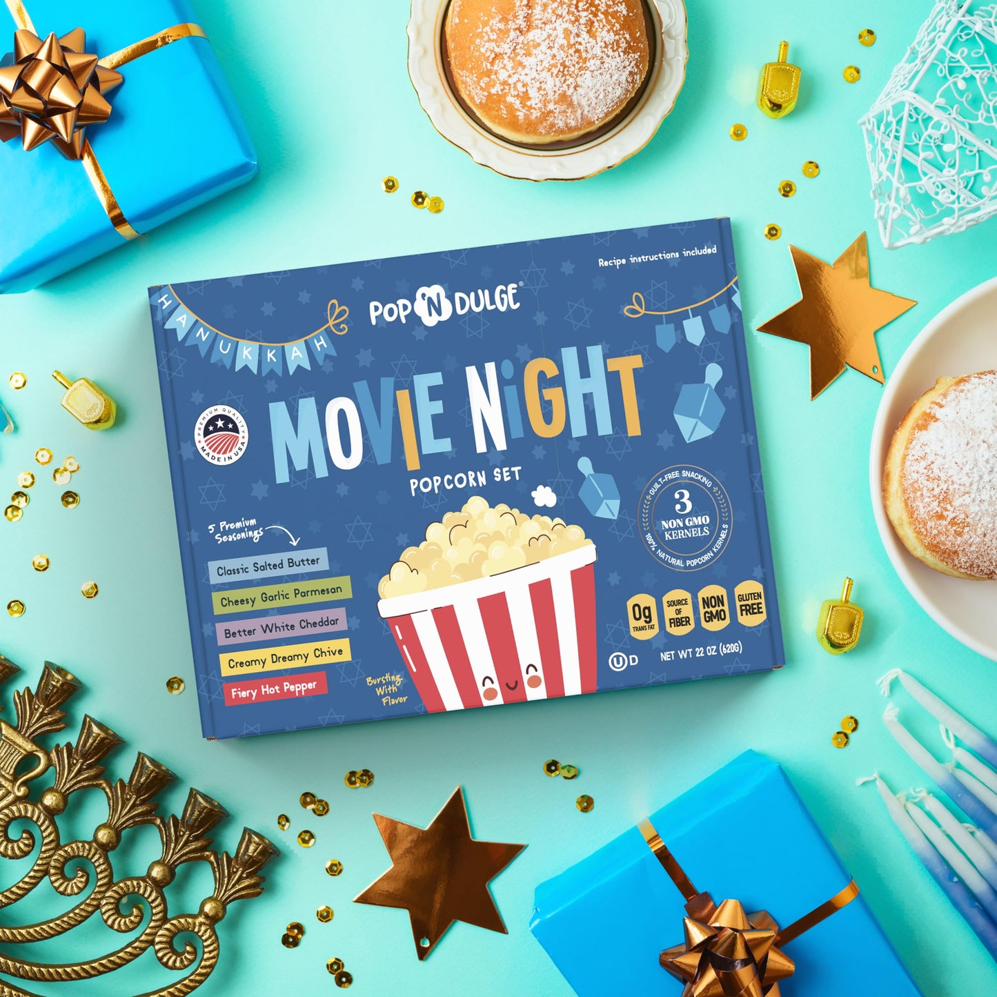 Hanukkah Gifts Movie Night Popcorn Gift Set, Kosher OU-D, Gift Baskets, 5 Gourmet Popcorn Kernels and 5 Flavoring, Non-GMO Hanukkah Set - 10 Pack, Gifts Ideas For Men, Women, Kids