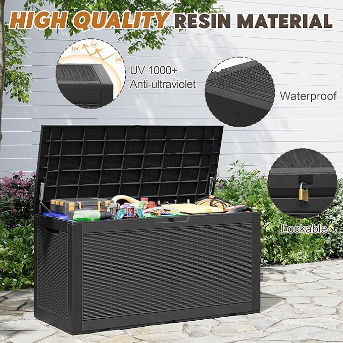Outdoor Storage Box, Resin Deck Boxes Indoor and outdoor, Waterproof Storage Box Lockable Lid (Black, 110 Gallon)