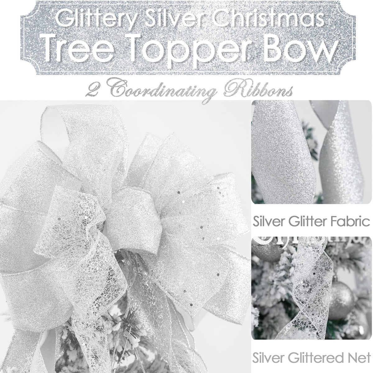 MEEDEE Silver Christmas Tree Topper Silver Glitter Christmas Bows 12" Wide Snowflake Ribbon Bow Silver Christmas Bows Silver Tree Topper Silver Bows for Christmas Tree (1 Pack)