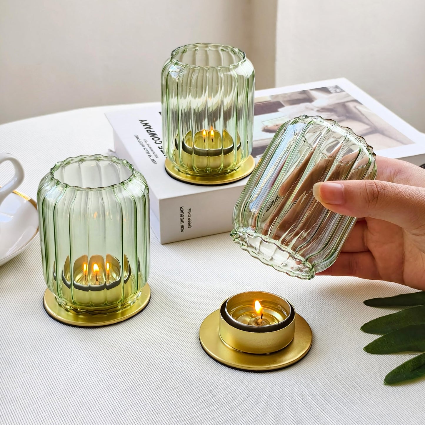 Vixdonos Glass Hurricane Tealight Candle Holder with Metal Candle Stand,Set of 3 Modern Windproof Votive Candle Holders for Wedding Party Table Centerpiece Outdoor,Green