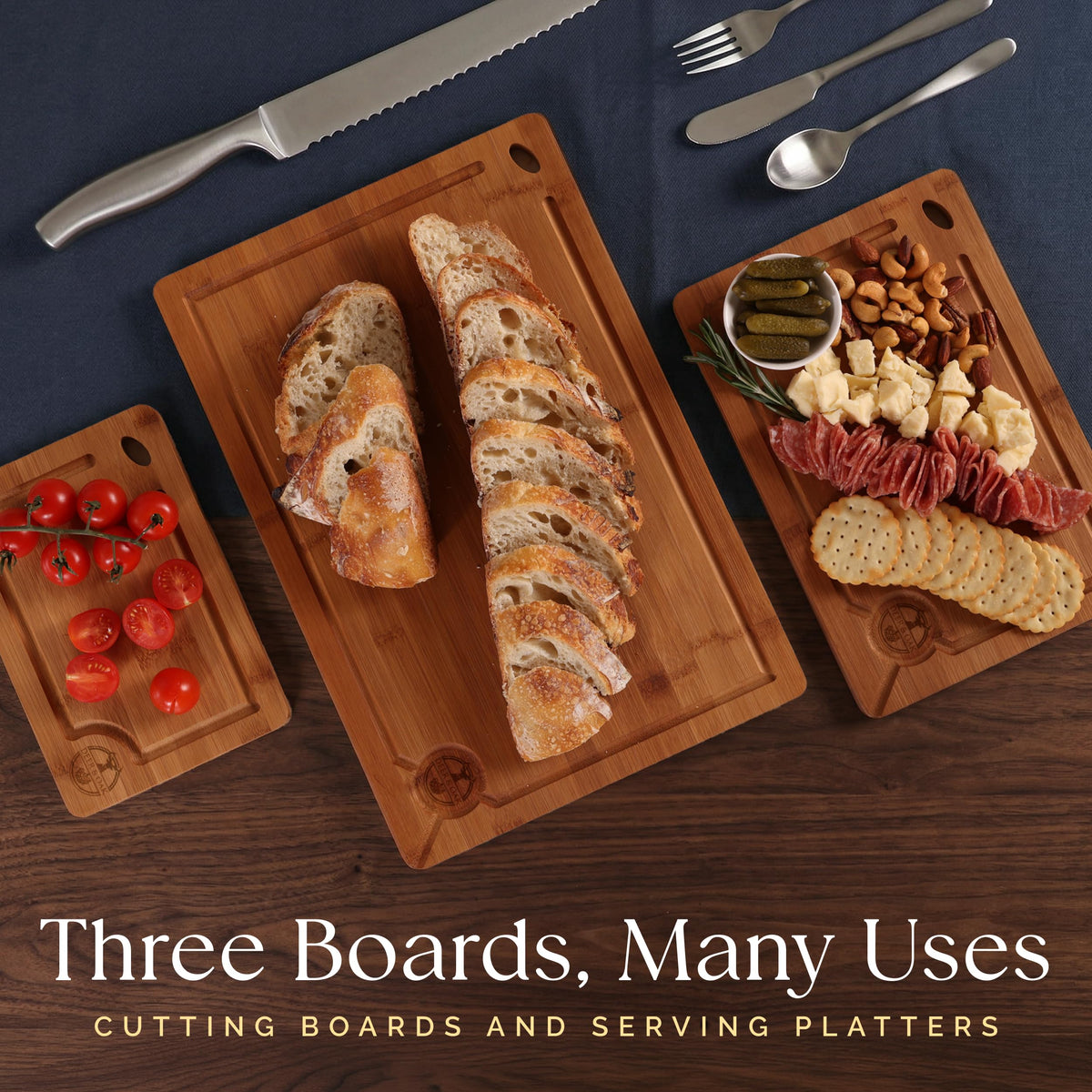 Pre-Oiled, Non Toxic 3-Piece Carbonized Bamboo Cutting Board Set, Eco-Friendly Wooden Chopping Boards for Kitchen with Hanging Hole, 500°F Carbonized Technology Charcuterie Serving Boards Deer & Oak