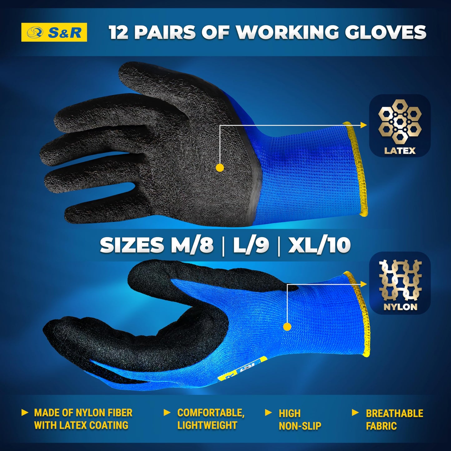 S&R Work Gloves – 12 Pairs, Size XL/10, Latex-Coated Nylon Protective Gloves for Indoor & Outdoor Use