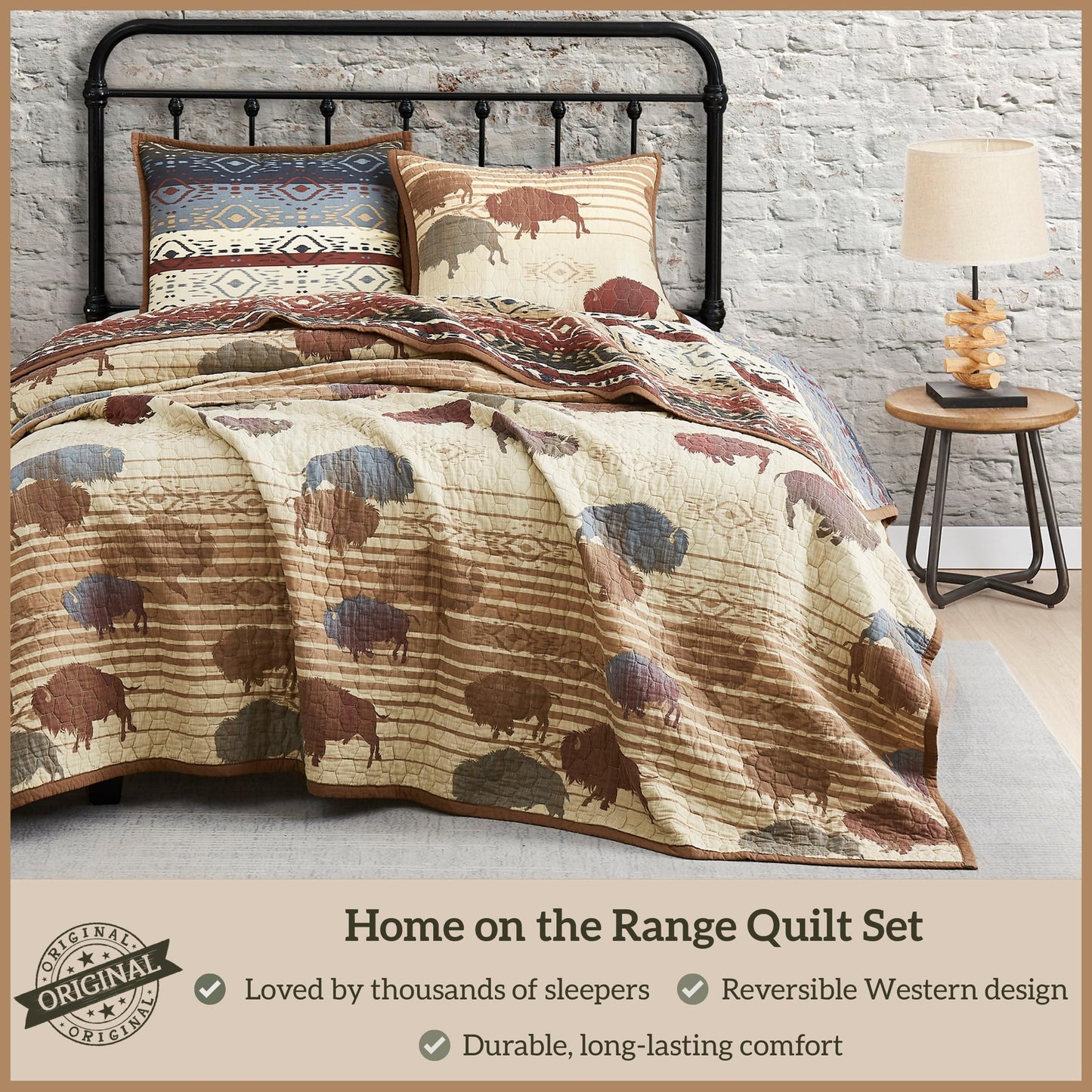 Paseo Road Home on the Range Queen Cotton Quilt Set, 3 Piece Western Bedding Set with Pillow Shams, Buffalo Aztec Reversible Quilt, Soft Rustic Lightweight Quilt, Southwestern Bedding