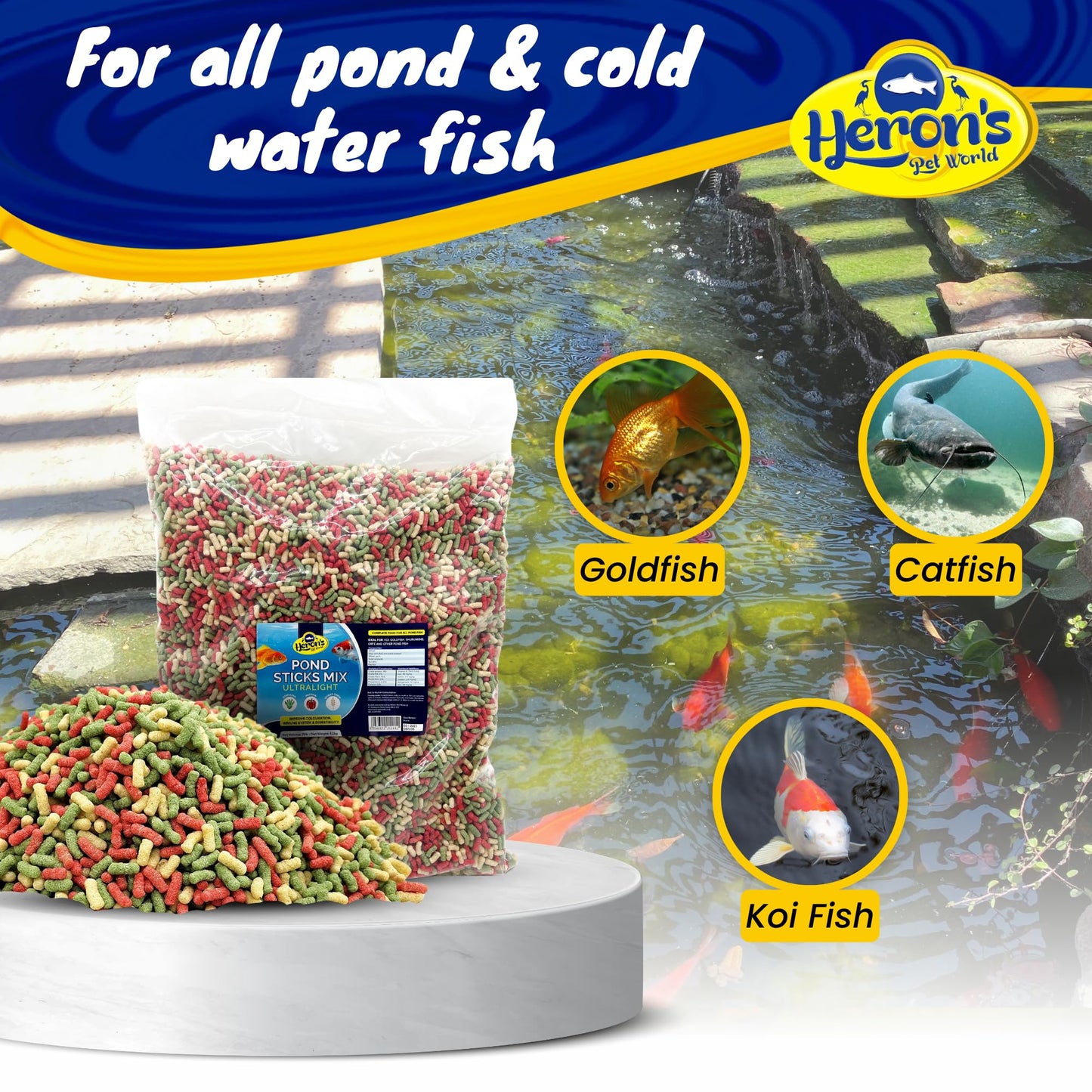 HERONS Pond Sticks Mix Ultralight 15L - Koi & Goldfish Food - Excellent Value - Complete Feed for all Pond Fish - Premium, Variety Pond Sticks