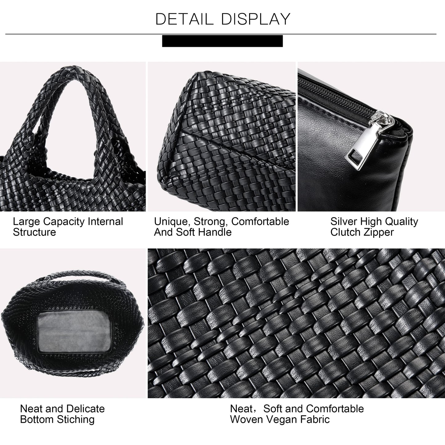 Queenoris Woven Bag for Women, Vegan Leather Tote Bag Large Summer Beach Travel Handbag and Purse Retro Handmade Shoulder Bag (Black)