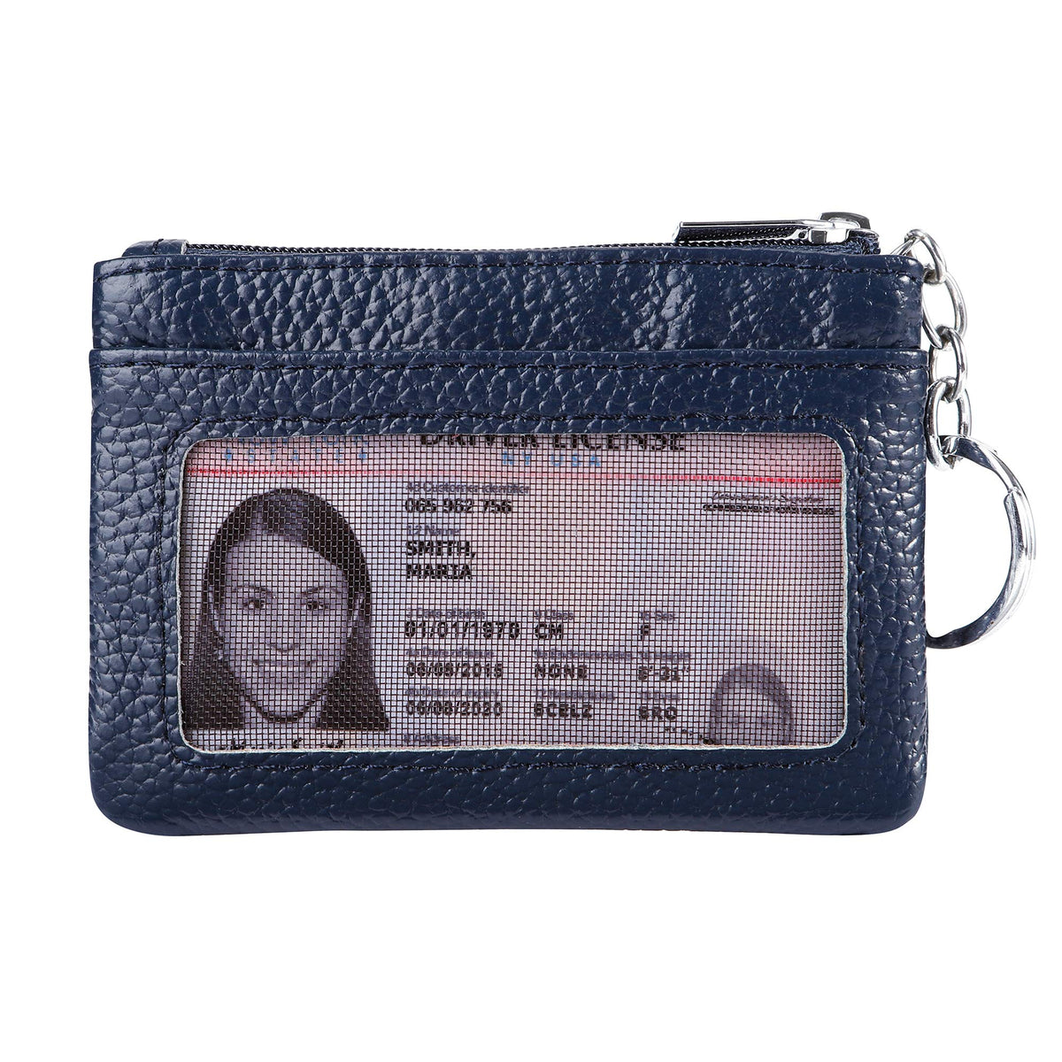 Women Genuine Leather Keychain Zipper Change Wallet Small Mini Pocket Size Coin Purse, Navy
