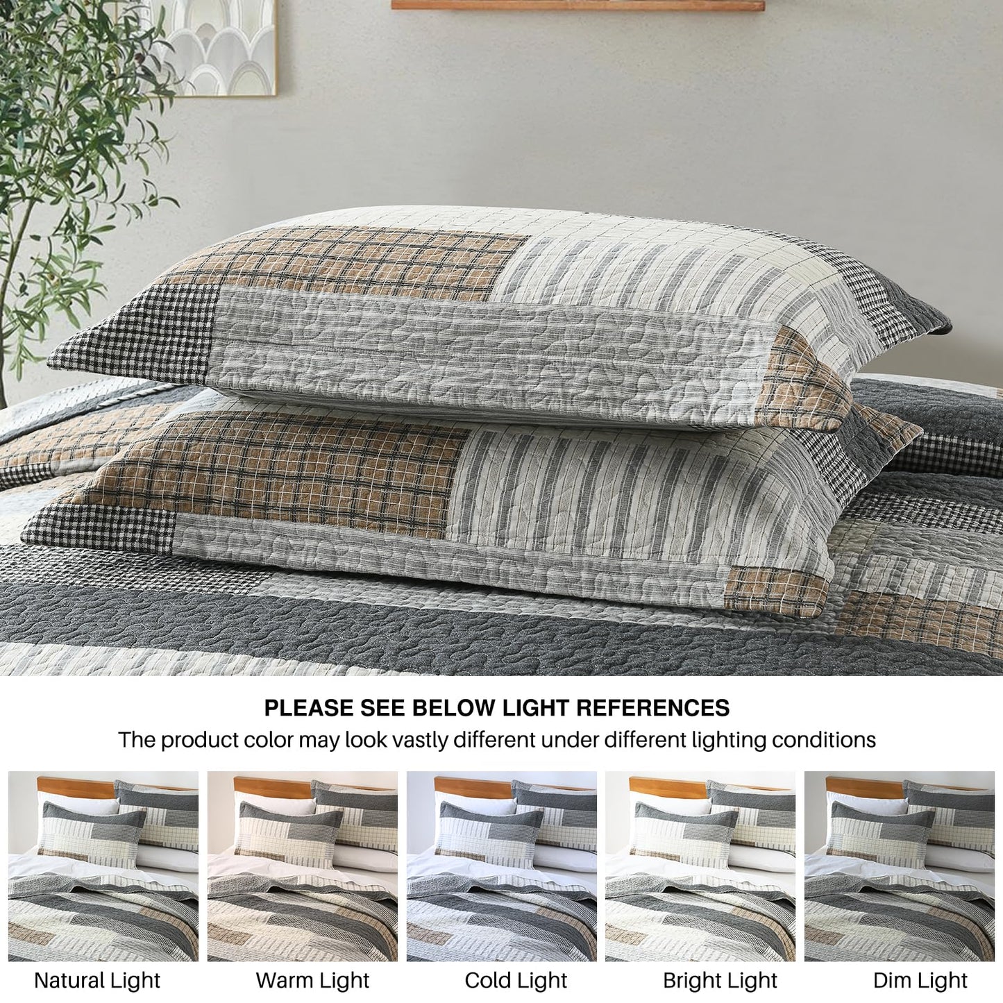 Y-PLWOMEN Queen Quilt Set 100% Cotton Lightweight Quilts Queen Size, Cozy Farmhouse Striped Stitch Home Decor Bedding, Rustic Quilted Bedspread Set for All Season, 3-Pieces
