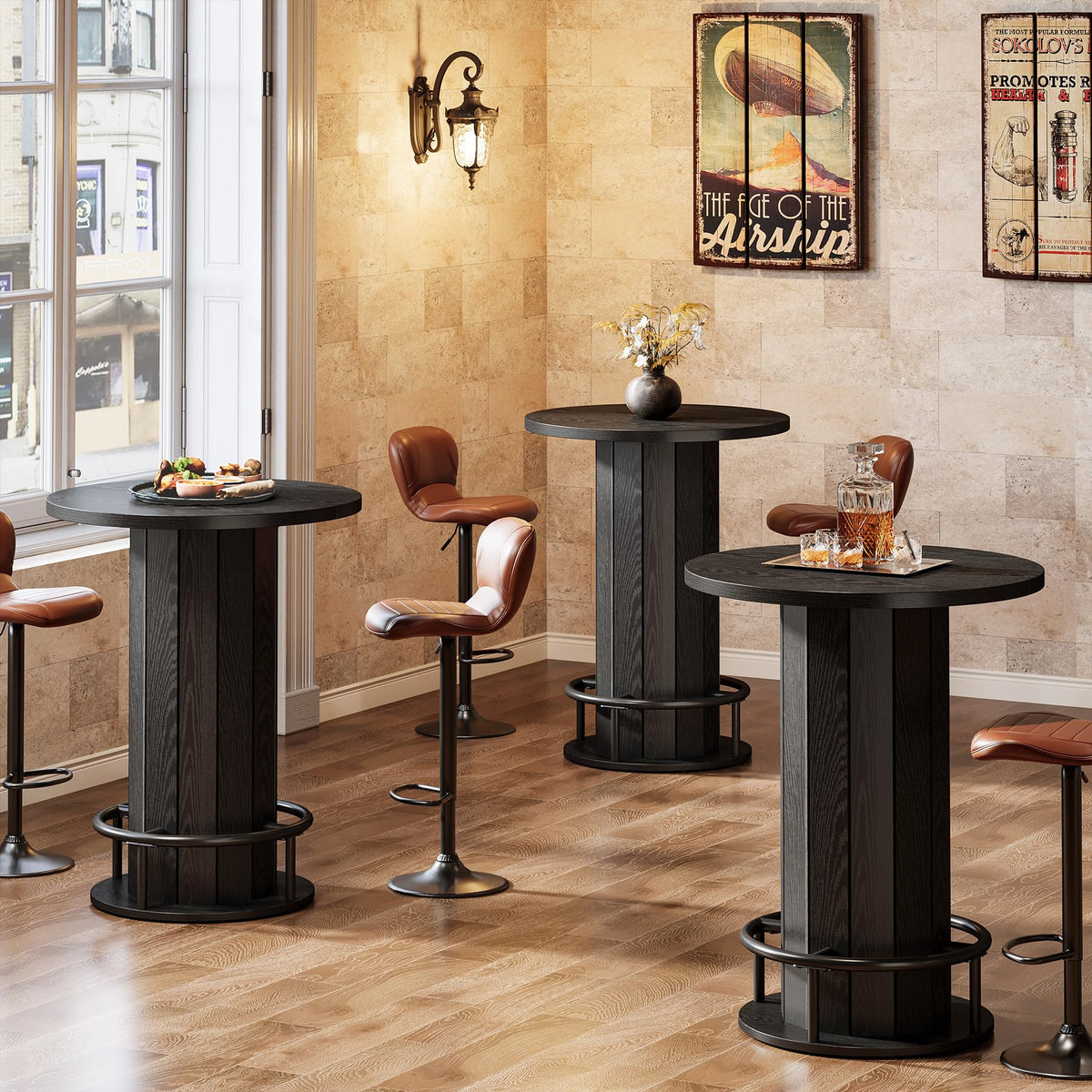 Tribesigns Round Bar Table, 39.4" H Wood Bistro Pub Table with Metal Ring Footrest for Dining Coffee Cocktail Living Room, Small Space, Black (Only Table)