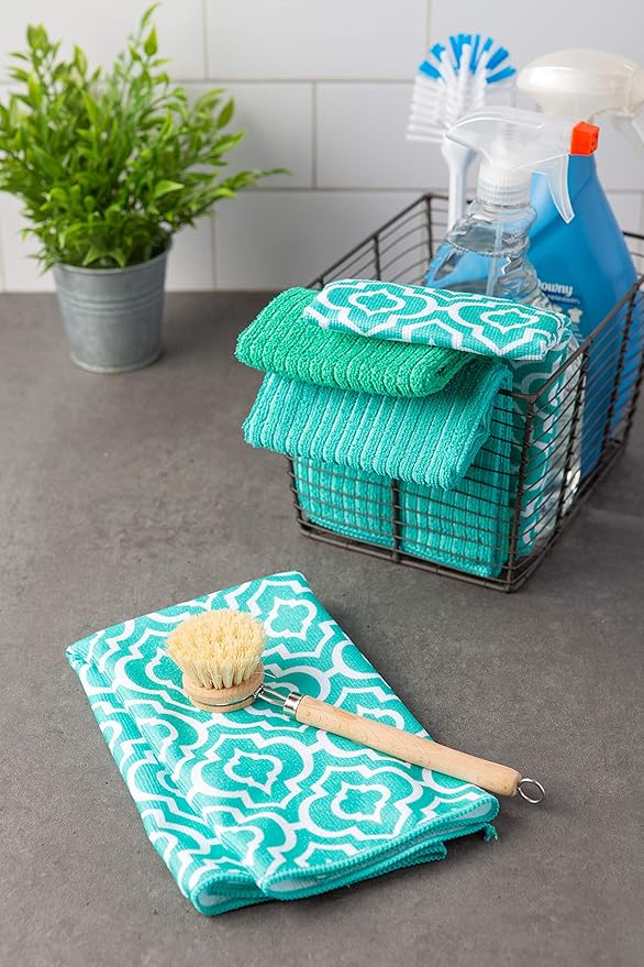 DII Cleaning Collection Multi-Purpose Microfiber, Teal Lattice, Dishtowel Set