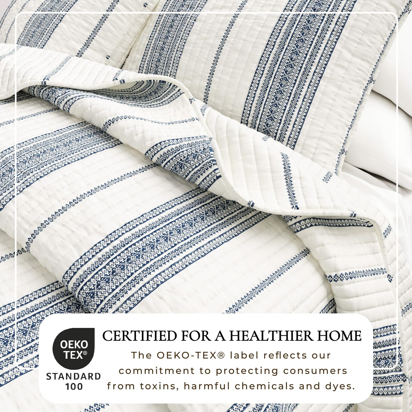 Great Bay Home Striped Quilt Set - 3-Piece Full/Queen Size Farmhouse Bedding Set - Lightweight, All-Season, Reversible Bedspread (Cream/Navy)