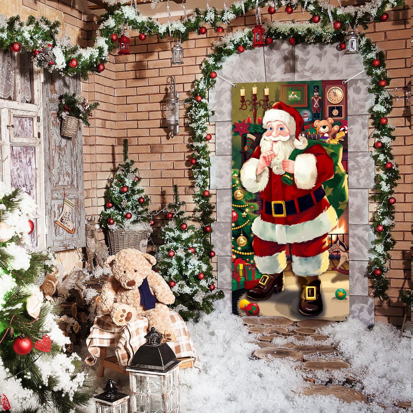 Christmas Door Cover Decoration Santa Claus Front Door Cover Xmas Hanging Banner Santa Background for Home Holiday Christmas Decoration