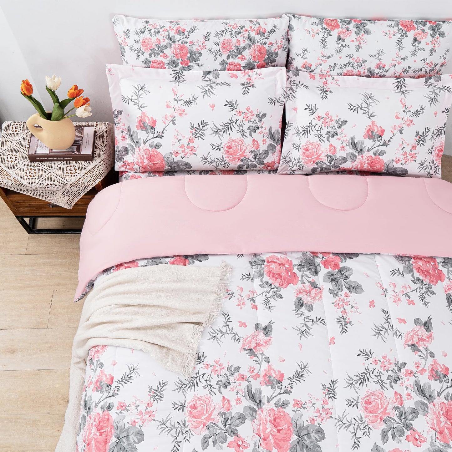 lasoftan Floral King Comforter Set with Sheets, 7 piece Luxury Vintage Bedding, Soft Microfiber Bed in a Bag, Cozy Lightweight Bed Set, Pink Flower Grey Leaf