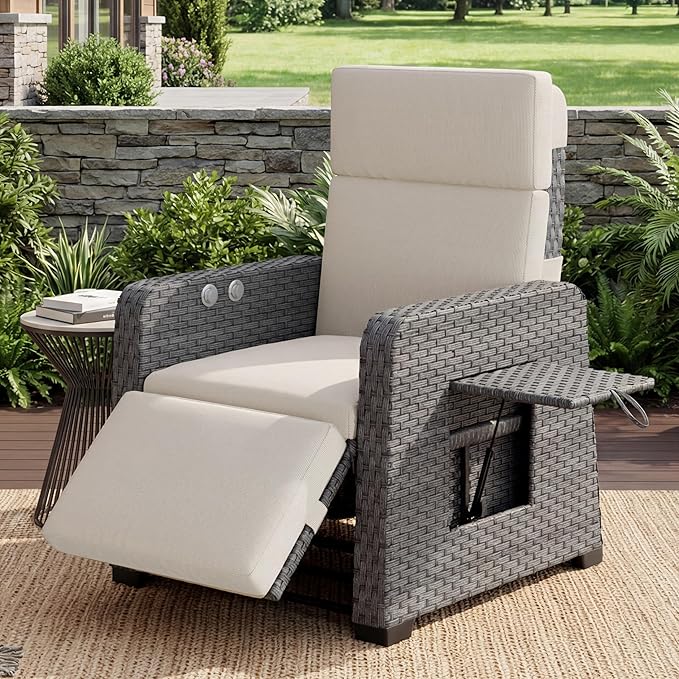 Restland Outdoor Recliner with Independent Adjustable Back & Footrest Wicker Patio Reclining Chair with Flip Table Comfortable Lounge Chair & Thick Cushion for Deck, Porch (Beige)