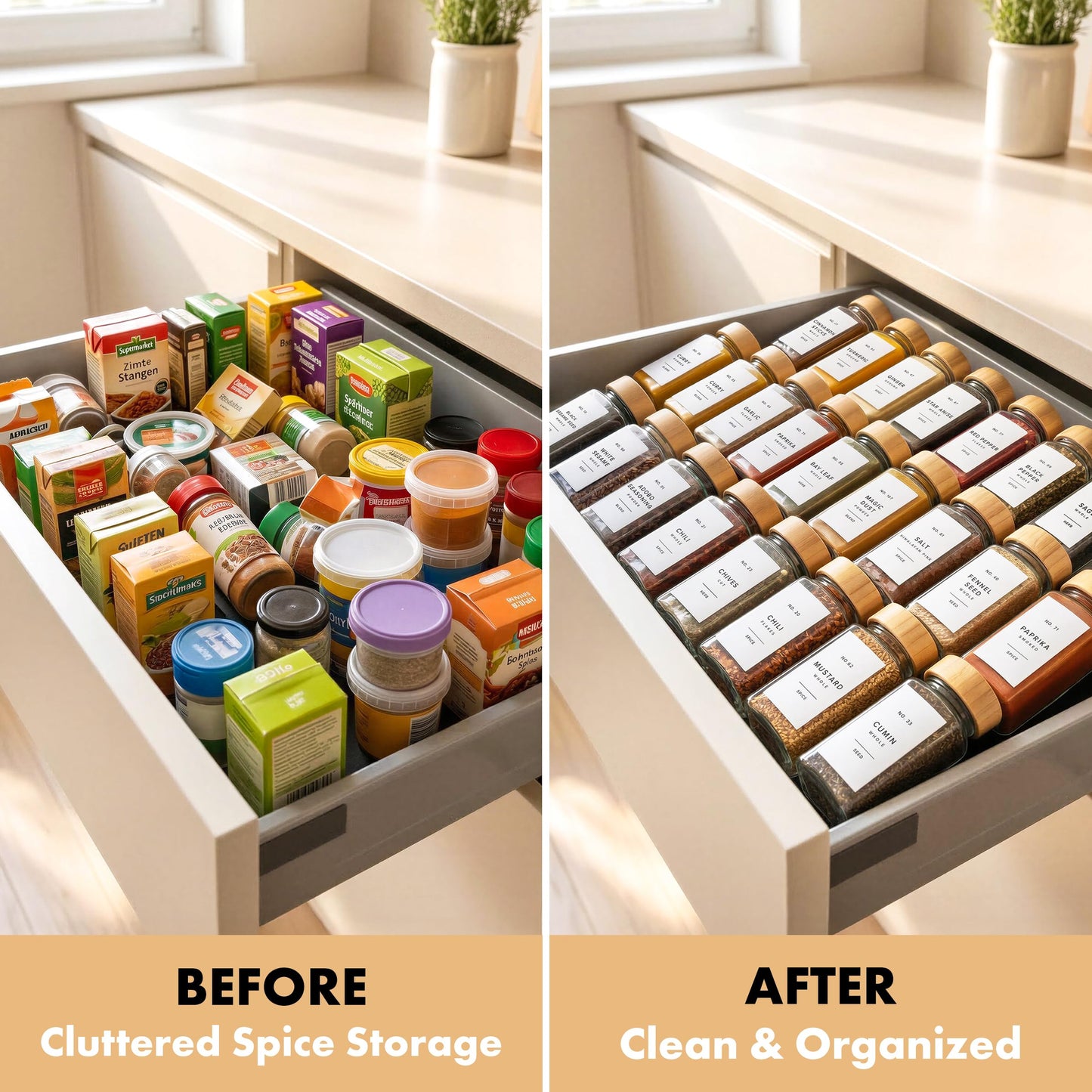 EDELHAUS® Square Spice Jars with Bamboo Wooden Lid (Pack of 24) Spice Jars with Shaker Insert and 240 Labels - Bamboo Lid Glass Container for Spice Organisation [4.3 in × 1.8 in]