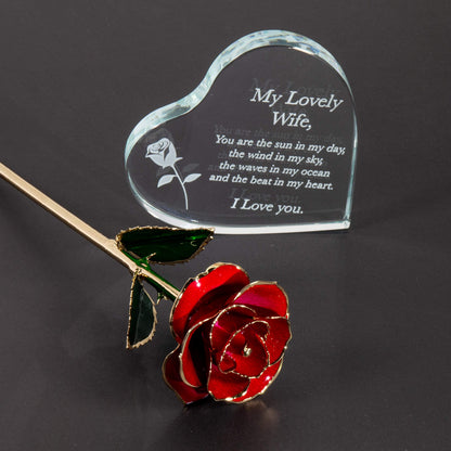 GreenCor Valentines Day for Wife Engraved Wooden Gift Set 'To My Beautiful Wife' Includes Crystal Engraved Heart 24K Gold Dipped Rose for Birthday Gifts