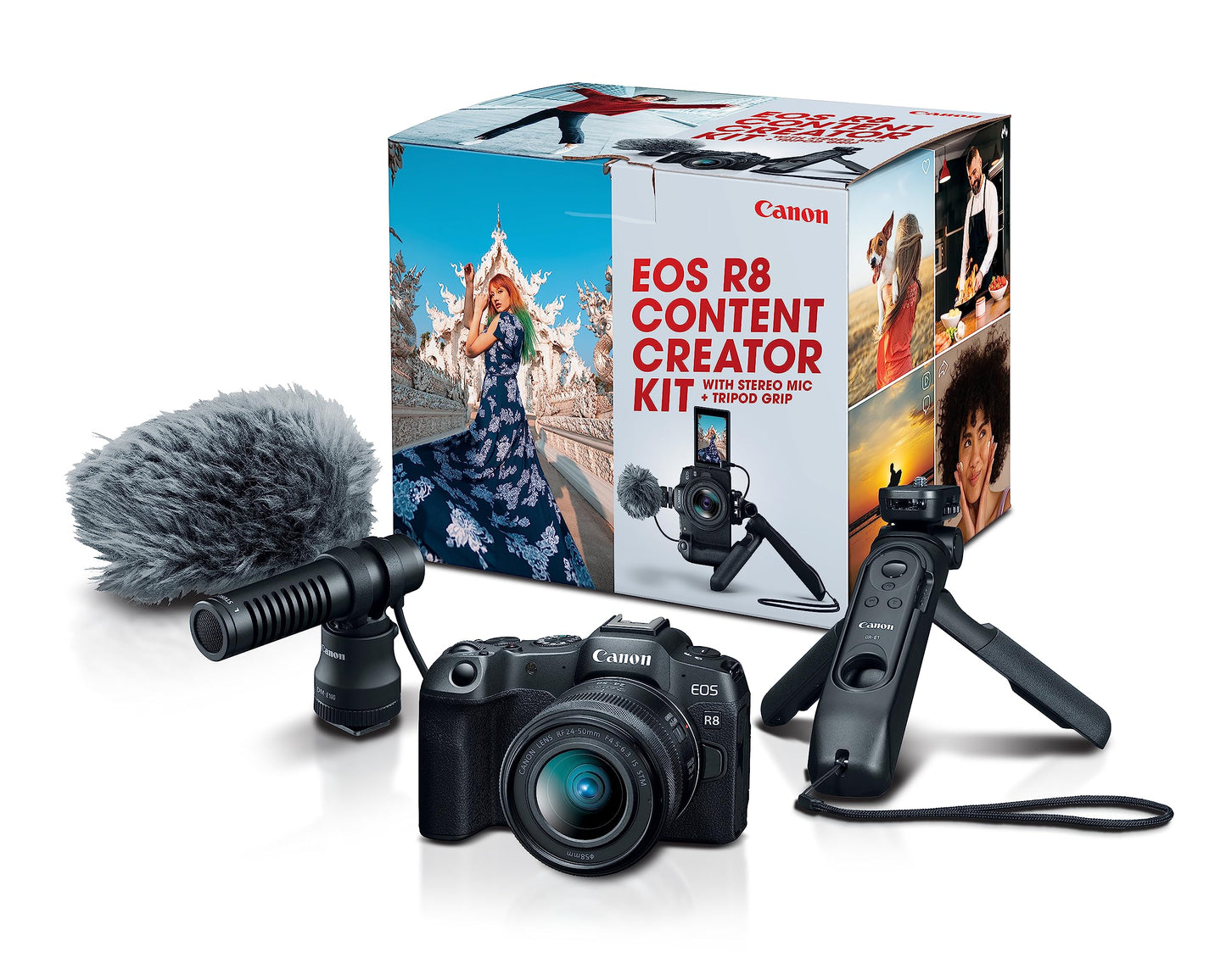 Canon EOS R8 Content Creator Kit, Full-Frame Hybrid Mirrorless Camera with Tripod & Stereo Microphone, 24.2 Megapixel CMOS Image Sensor, 4K Video, RF Mount, Vlogging Camera, Black