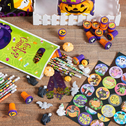 JOYIN 144 Pieces 24 Pack Assorted Halloween Themed Stationery Kids Gift Set Trick Treat Prize Party Favor Toy Including Halloween Pencils, Rulers, Stickers, Stamps and Erasers in Trick or Treat Bags