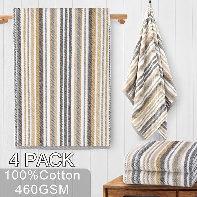 VOOVA & MOVAS Beige Striped Bath Towels, Bathroom Towels Set of 4, Tan Body