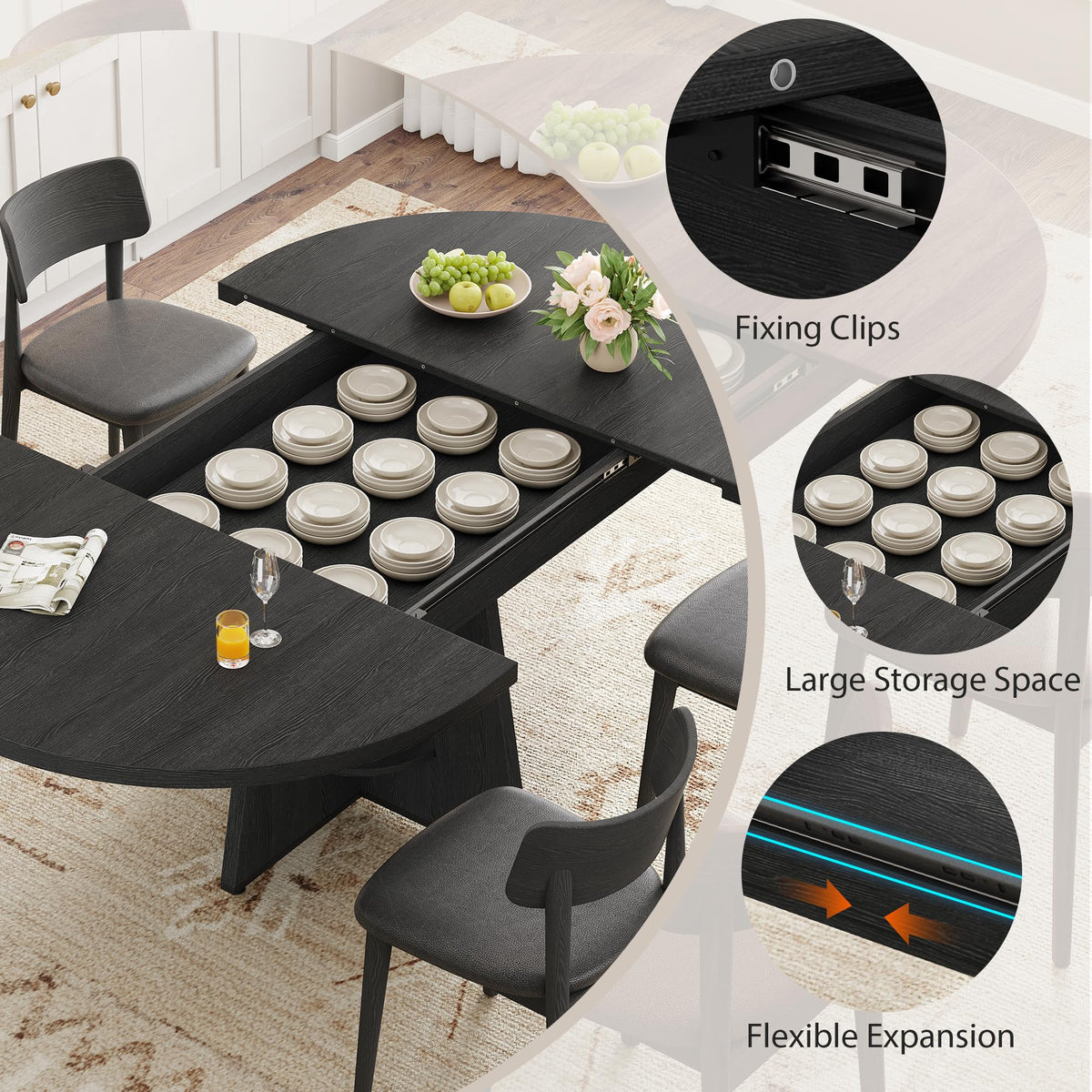 Extendable Dining Table, Round Kitchen Dining Room Dinner Table with for 4 6 8 People, Space Saving Modern Oval Expandale Furniture with Storage and Pedestal for Kitchen Living Room (Black)
