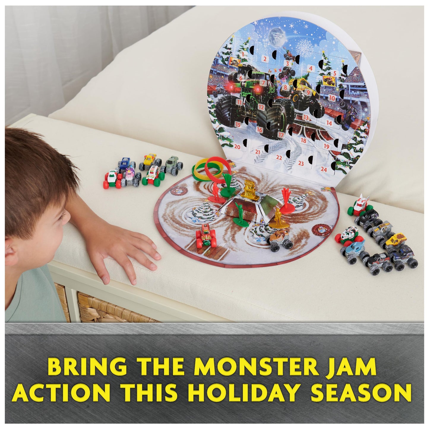 Monster Jam Mini Christmas Advent Calendar, 24 Days of Mini Monster Trucks and Accessories, 1:87 Scale, Kids’ Toys for Boys and Girls Ages 3 and up
