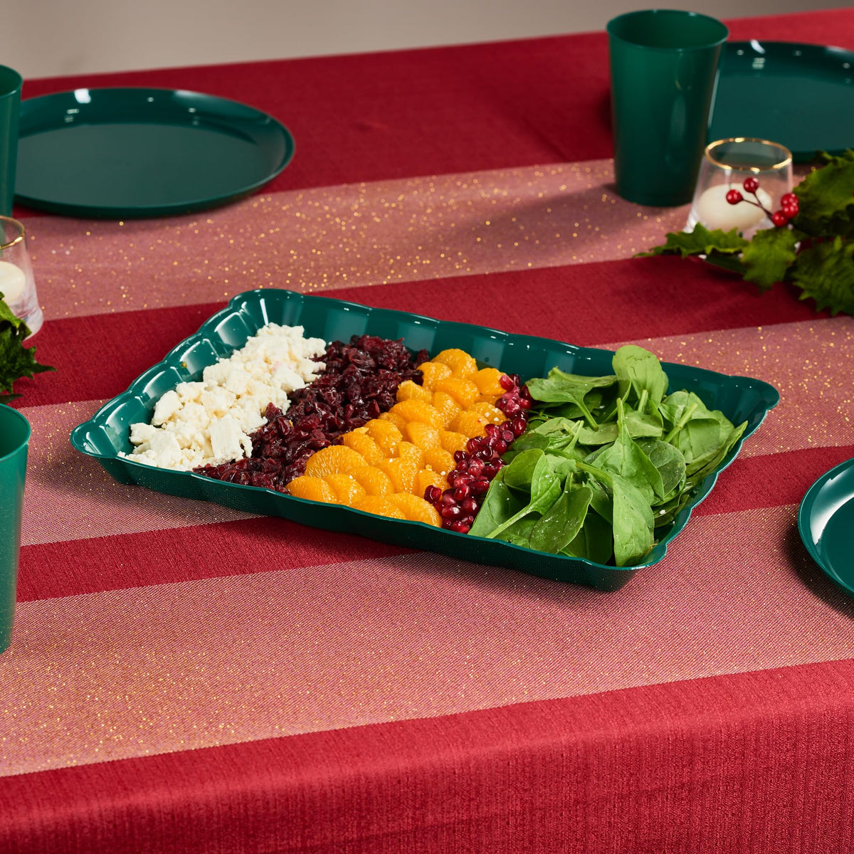 Plasticpro Plastic Serving Trays - Serving Platters Rectangle 9X13 Disposable Party Dish Includes 2 Green & 2 Red Christmas Trays