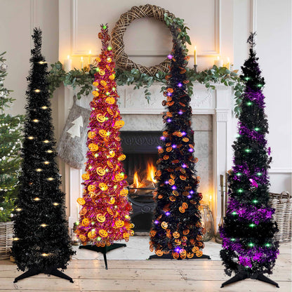 Pop up Christmas Tree for Indoor Decoration,5FT Pre-lit Mini Halloween Tree with 60 Lights,Black Artificial Pencil Tree Collapsible Tinsel Lighted up Christmas Tree