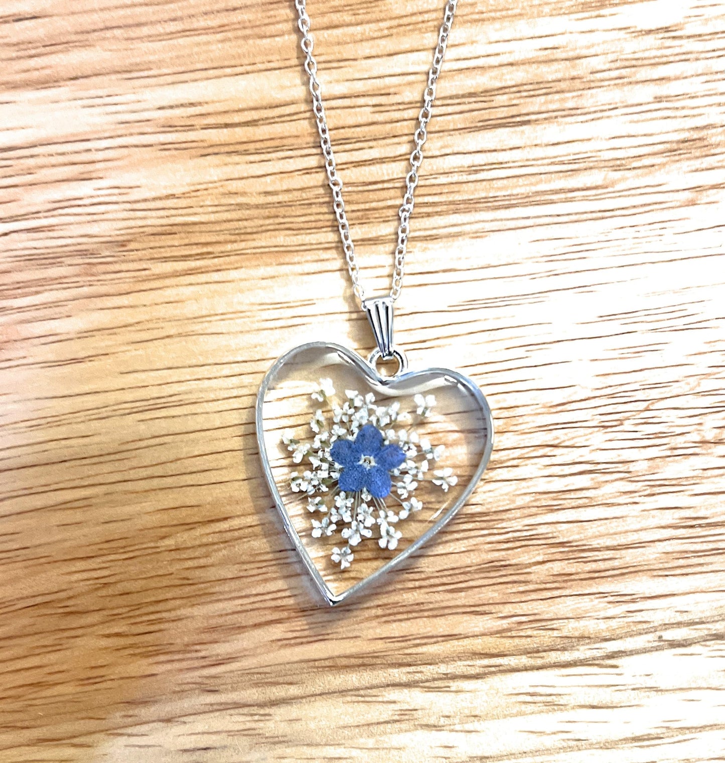 Handmade Forget Me Not and Queen Annes Lace Flower Keepsake Pendant and silver necklace. 13th Lace Anniversary gift (Silver Heart Forget Me Not Pendant)