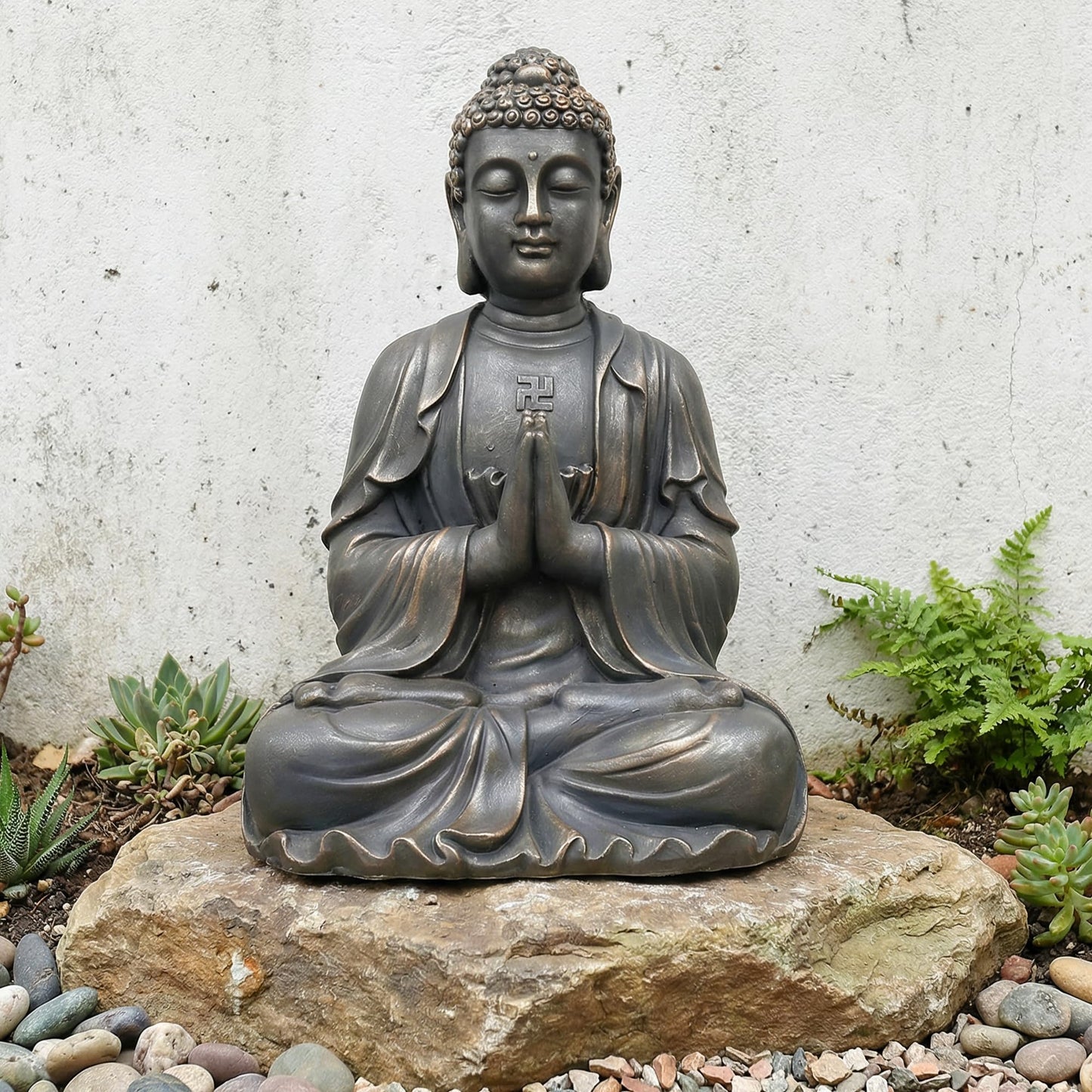 Greens Word Sculptures Buddha Statue, Garden Statues 23.6 Inch Tall, Large Magnesium Oxide Buddha Sculpture Indoor & Outdoor, Statue for Home Decor Yard Porch Patio, Dark Gray with Gold Accents