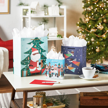 Hallmark Mahogany Christmas Gift Bag Assortment (8 Bags; 3 Small 6", 3 Medium 9", 2 Large 13") Black Santa Claus, African-American Angels, Carolers