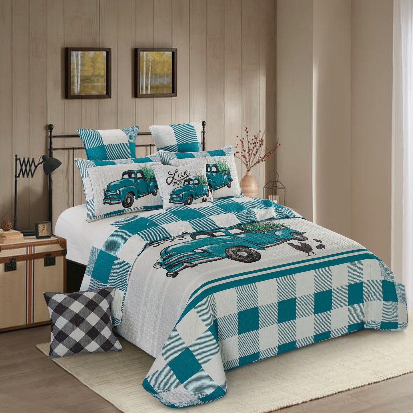Virah Bella 3 Piece Full/Queen Cabin Quilt Bedding Set - Flower Truck - Rustic Country Reversible Patchwork Comforter Set with Decorative Pillow Shams