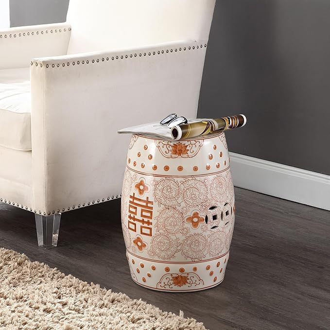JONATHAN Y TBL1013D Double Happiness 18" Chinoiserie Ceramic Drum Indoor/Outdoor Garden Stool Bohemian, Coastal, Classic, Cottage, Traditional, Patio, Garden, Bathroom, Living Room, Orange/White