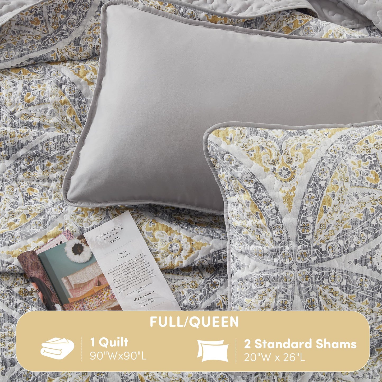Comfort Spaces Boho Quilt Set Queen Reversible Vermicelli Quilting Queen Size Bed, All Season, Lightweight, Coverlet Winter Layer Bedding, Shams, Gloria, Full/Queen Grey/Yellow 3 Piece