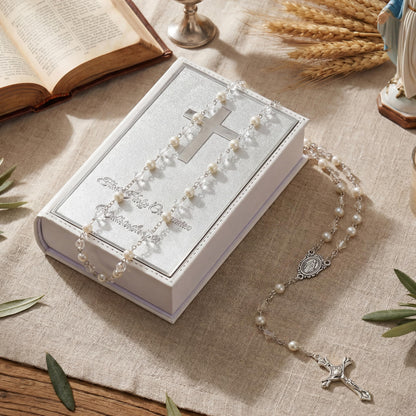 Liliaafar First Communion Rosary Beads Necklace Gifts with Engraved Keepsake Gift Box 20.5 Inch Stainless Steel Glass Beads Catholic Rosary with Cross for First Holy Communion