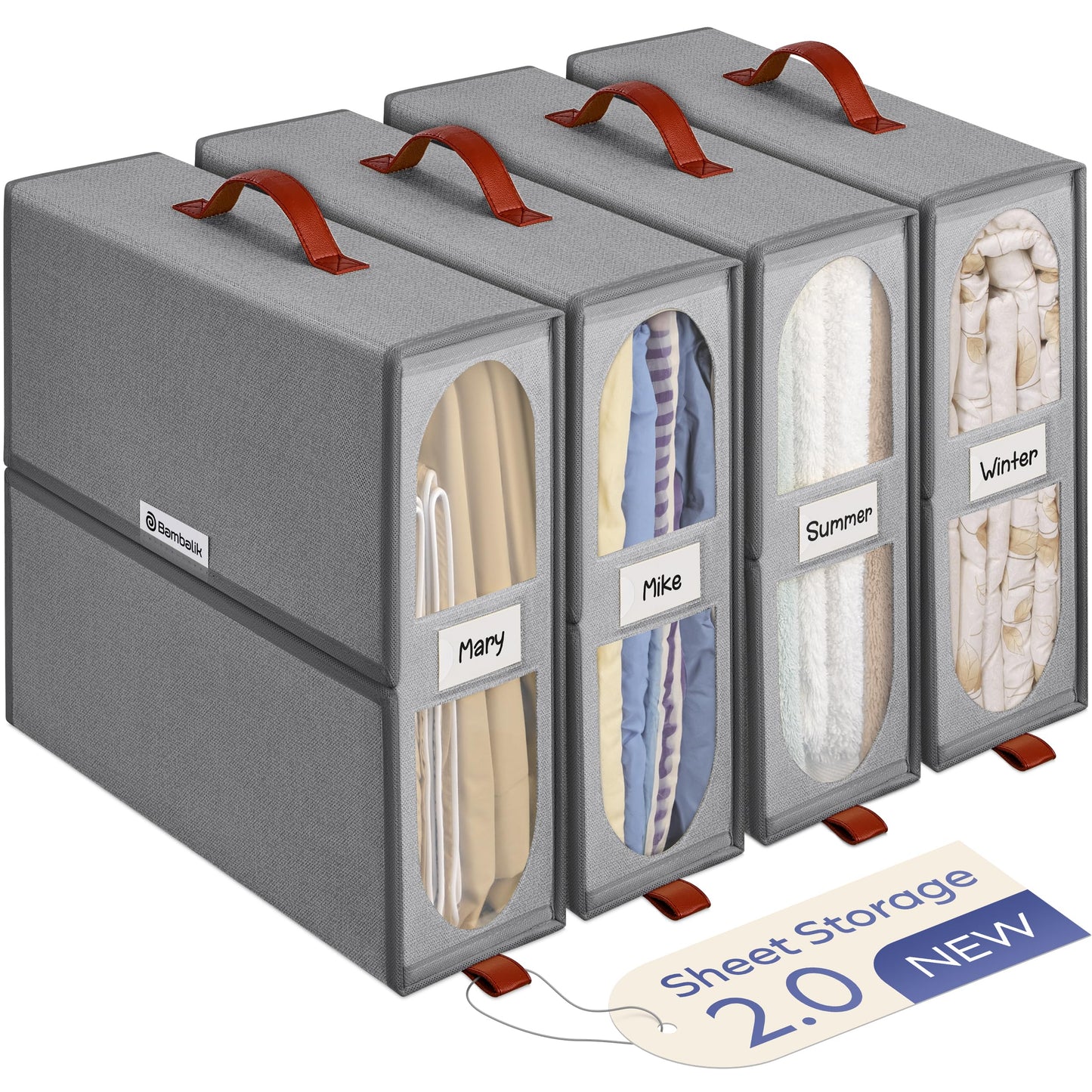 BAMBALIK 4x Bed Sheet Organizer Storage Boxes with Big See-Through Windows - Bedsheet Organizers Redesigned. Robust Bed Sheet Storage -15x13x5 Inches Sheet Organizers Containers (Gray)