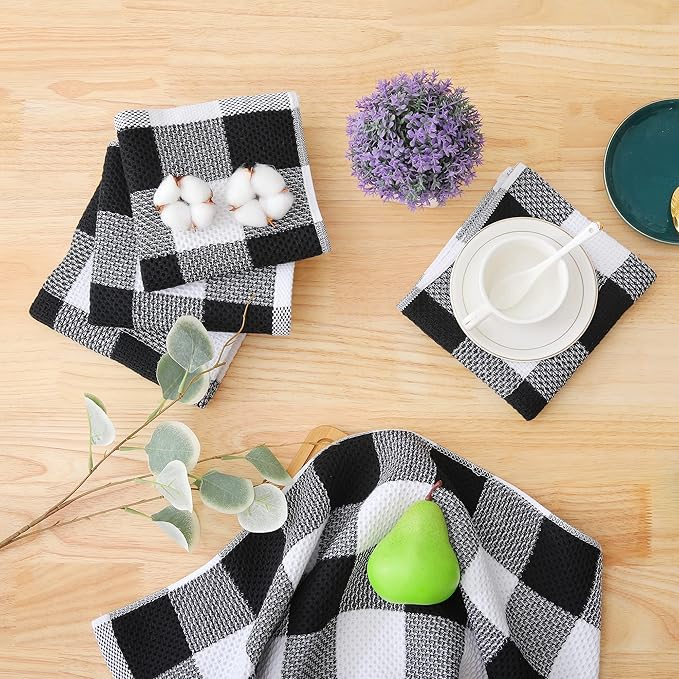 Homaxy 100% Cotton Waffle Weave Check Plaid Dish Cloths, 12 x 12 Inches