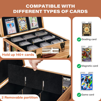 Poyilooo Graded Card Storage Box with Display Window, Wood Card Case for 140+ Cards PSA BGS FGS & SGC, Sports Cards Trading Cards, Graded Card Slab Carrying Case, Christmas Gifts (Carbonized Brown)