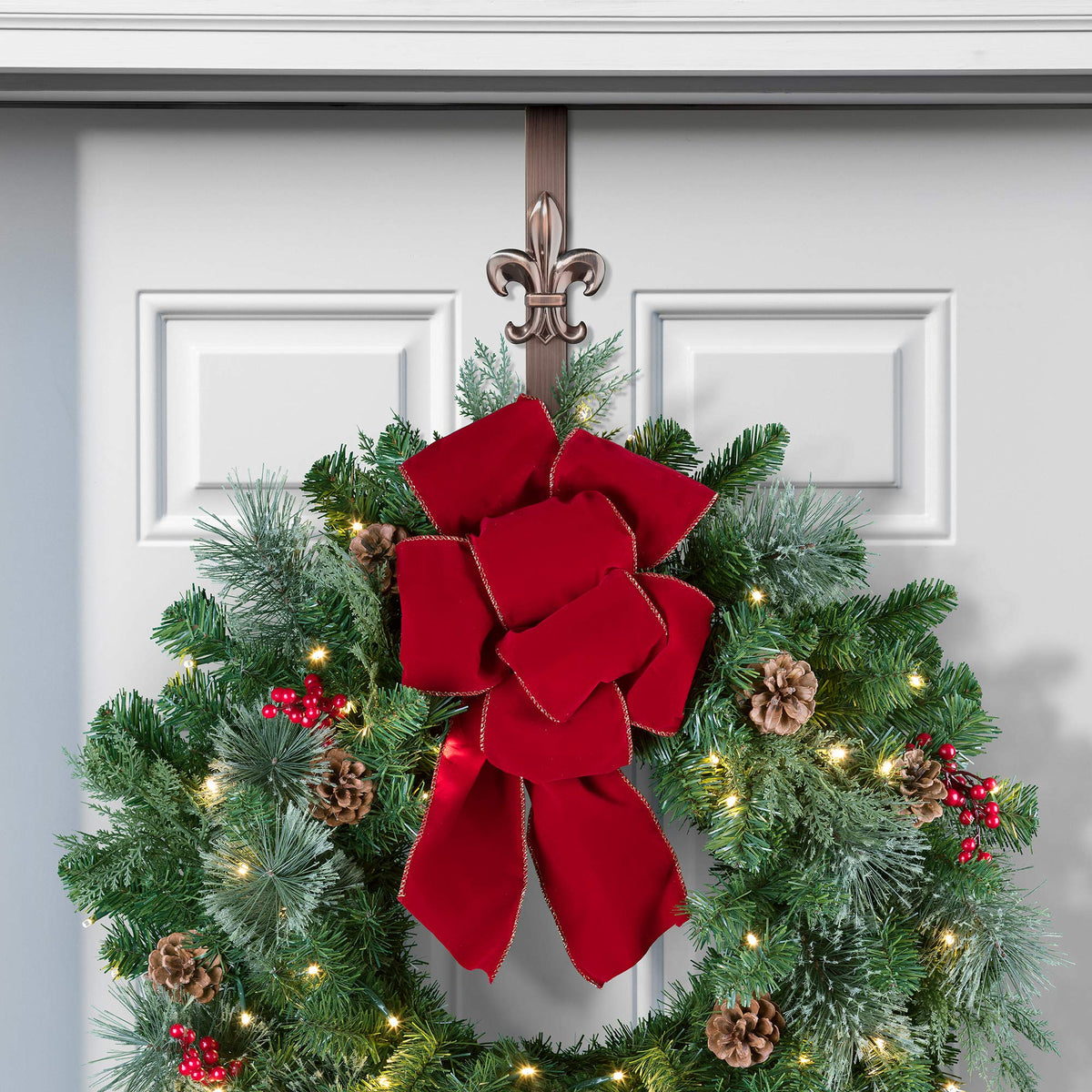 Haute Decor Adjustable Length Wreath Hanger with Removable Icon (Oil-Rubbed Bronze - Fleur De Lis) - Metal Over The Door Wreath Hanger for Front, Back, Interior Doors