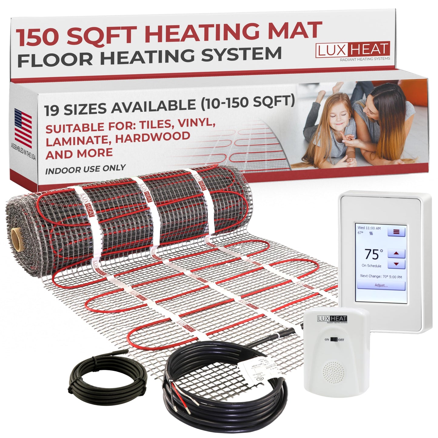 LuxHeat 150sqft Floor Heating Mat Kit – 120v Electric Radiant in Floor Heating Mat – Heated Flooring System for Tile & Laminate - Includes UDG4 Programmable Thermostat w/GFCI, Alarm & Sensor