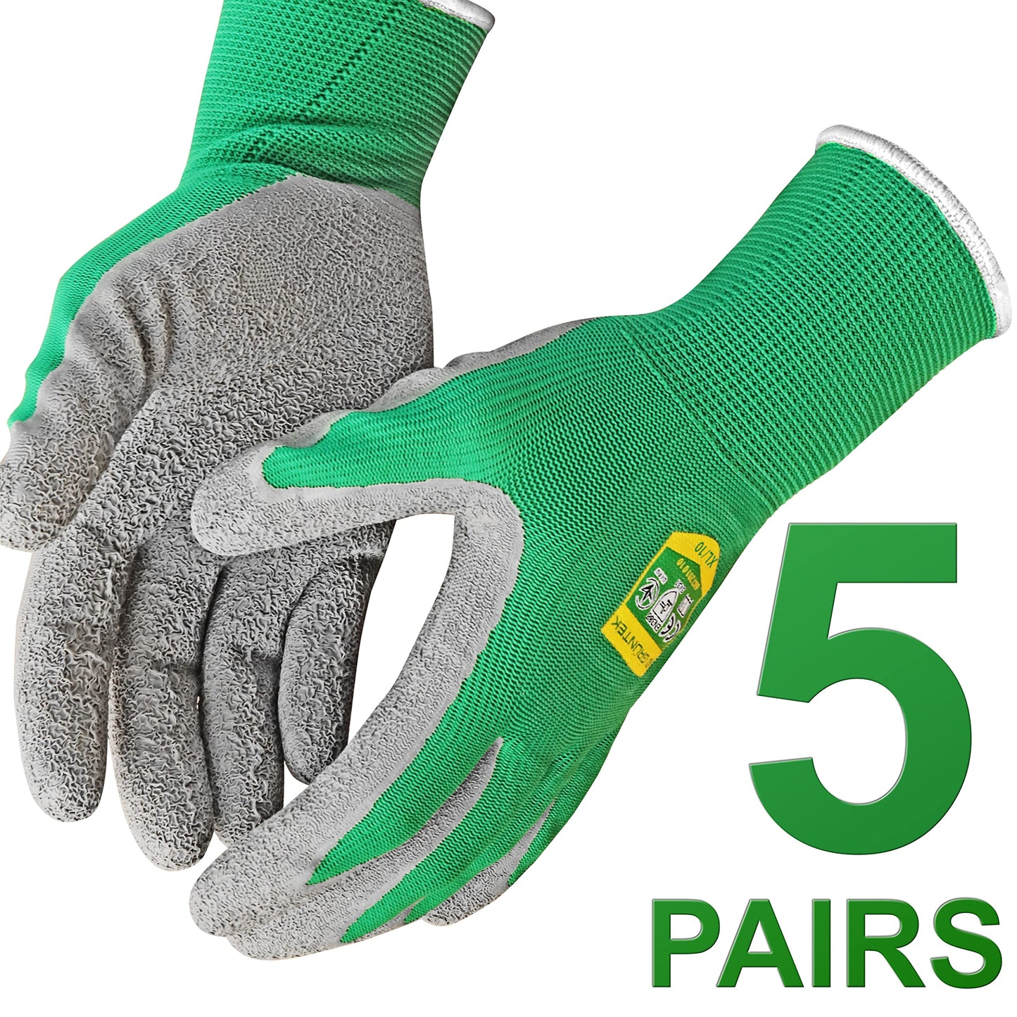 GRÜNTEK 5 Pairs Gardening Work Gloves - Size XL / 10 Gloves Latex coated, for private and commercial use