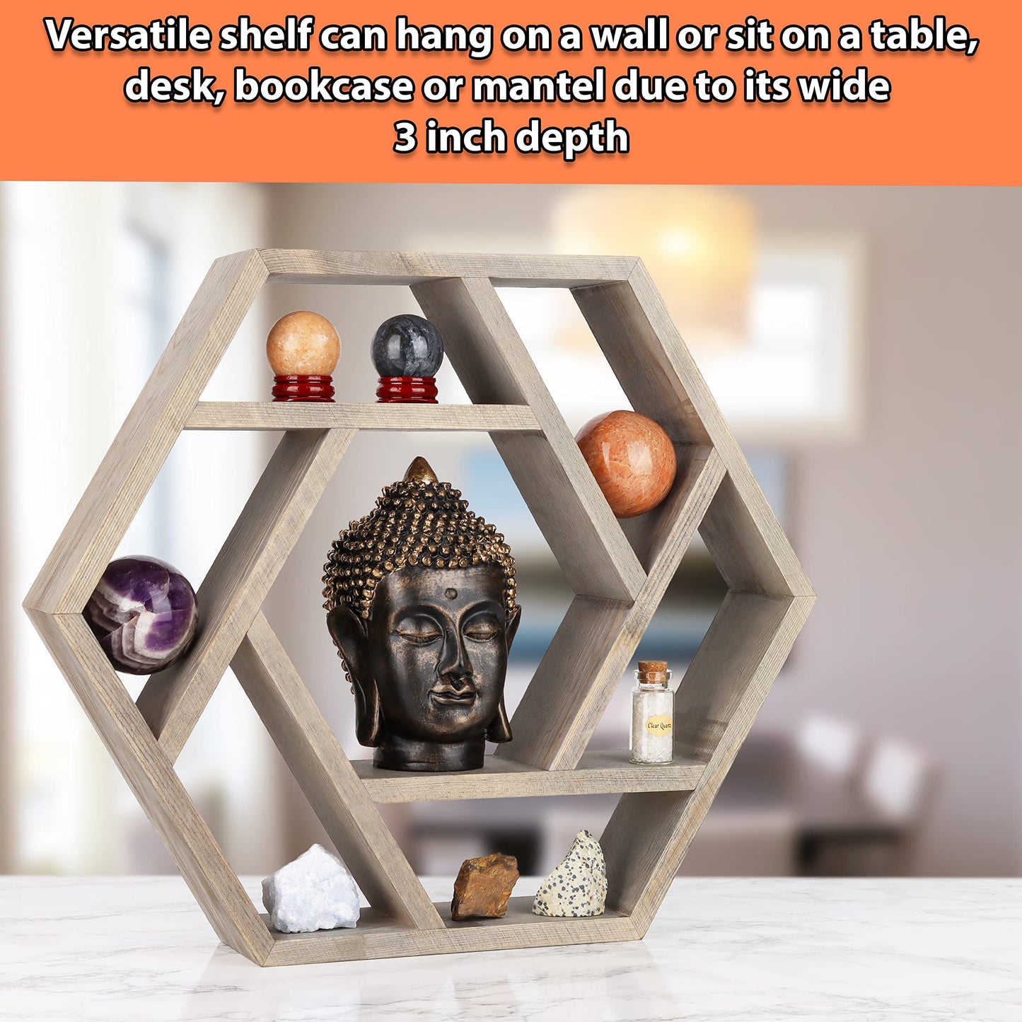Venture Decor Crystal Display Shelf for Healing Stones and Zen, Essential Oil Shelf for Chakra, Tabletop or Floating Hexagon Shelves for Meditation, Buddha and Spiritual Decor