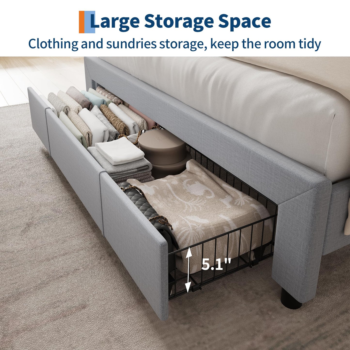 Garvee Queen Upholstered Platform Bed Frame with Storage Headboard, Drawers, Built-in Charging Station, Sturdy & Noise-Free, No Box Spring Needed, Easy Assembly, Grey