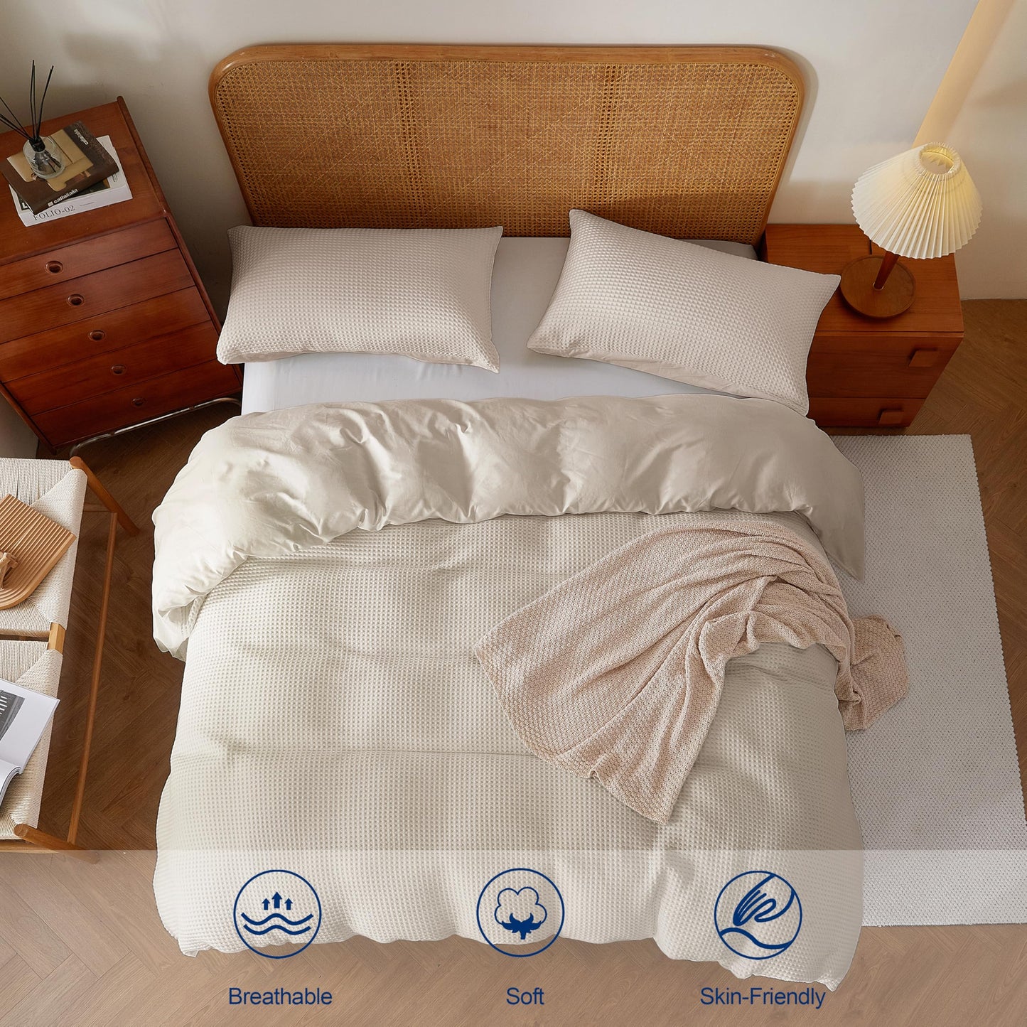 100% Egyptian Cotton Duvet Cover Set Queen Size, Waffle Weave Duvet Cover, 600 TC Soft Breathable Luxury Bedding Set for All Season, 3 PCS, 1 Duvet Cover and 2 Pillowcases, Light Beige, 90"x90"