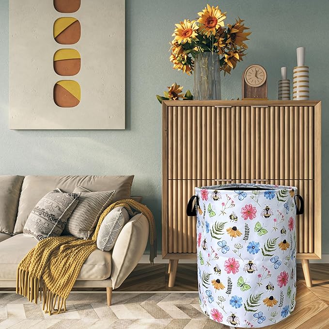 Cute Bee Floral Flowers Laundry Basket Foldable