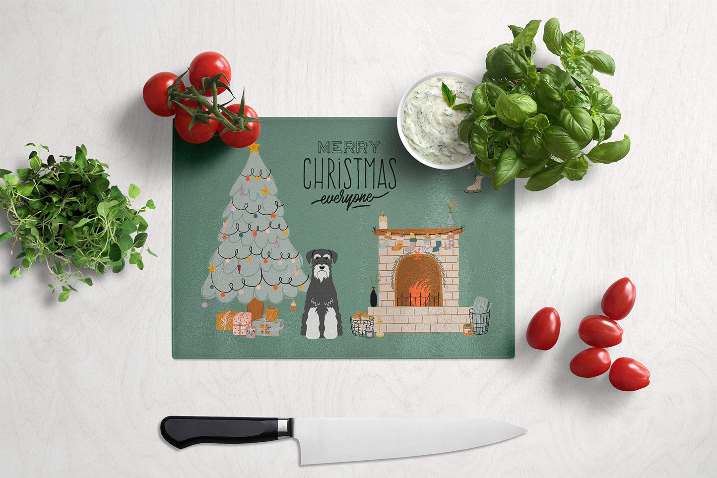 Caroline's Treasures CK7596LCB Salt and Pepper Standard Schnauzer Christmas Everyone Glass Cutting Board Large Decorative Tempered Glass Kitchen Cutting and Serving Board Large Size Chopping Board