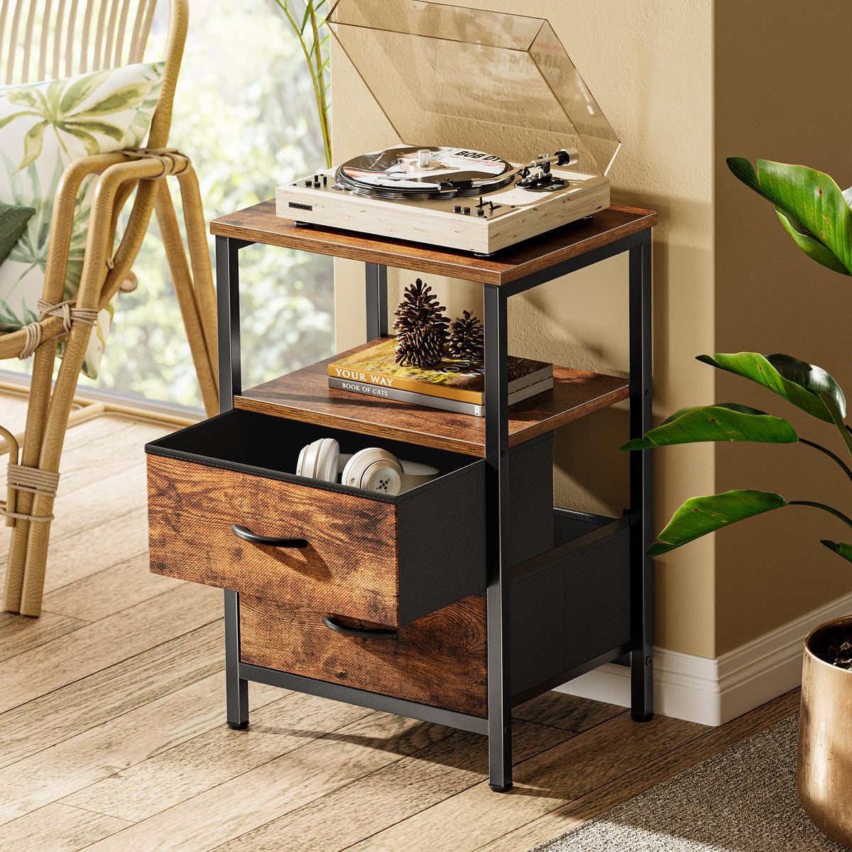 Huuger Night Stand Set 2, Nightstand with 2 Drawers, Bed Side Table with Open Shelf, Wooden Top, End Table, Fabric Drawer, for Bedroom, Rustic Brown
